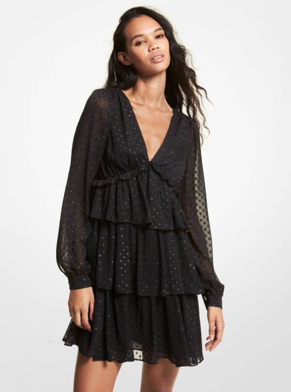 Damske Saty Michael Kors Dot Fil Coupé Georgette Ruffled Čierne - Oblecenie Michael Kors Sleva | AUMXL-4918